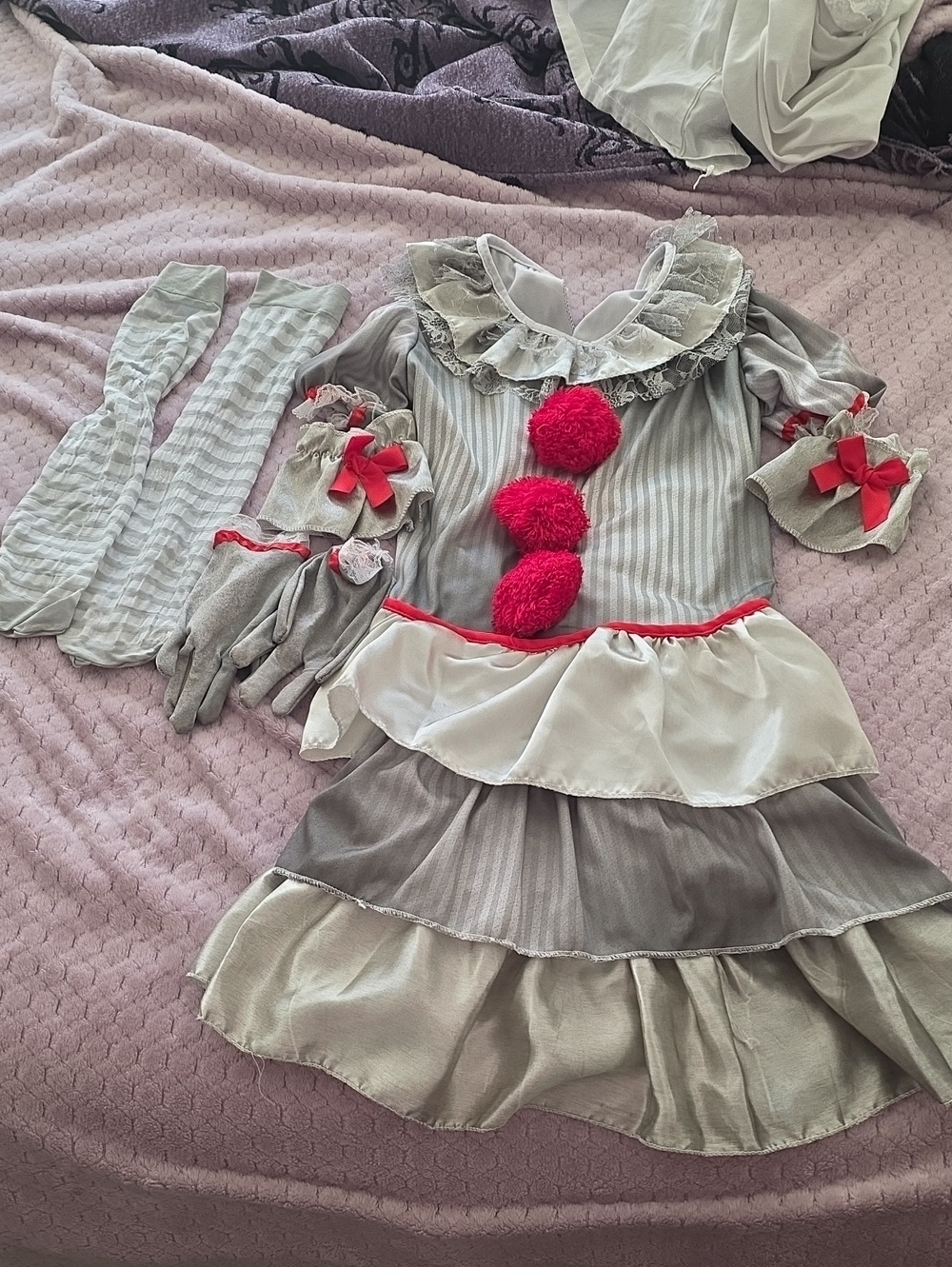 Kids Gray Ombre and Red Clown Costume Dress with Pom-Pom Accents Sz S 6 To 8 Yrs